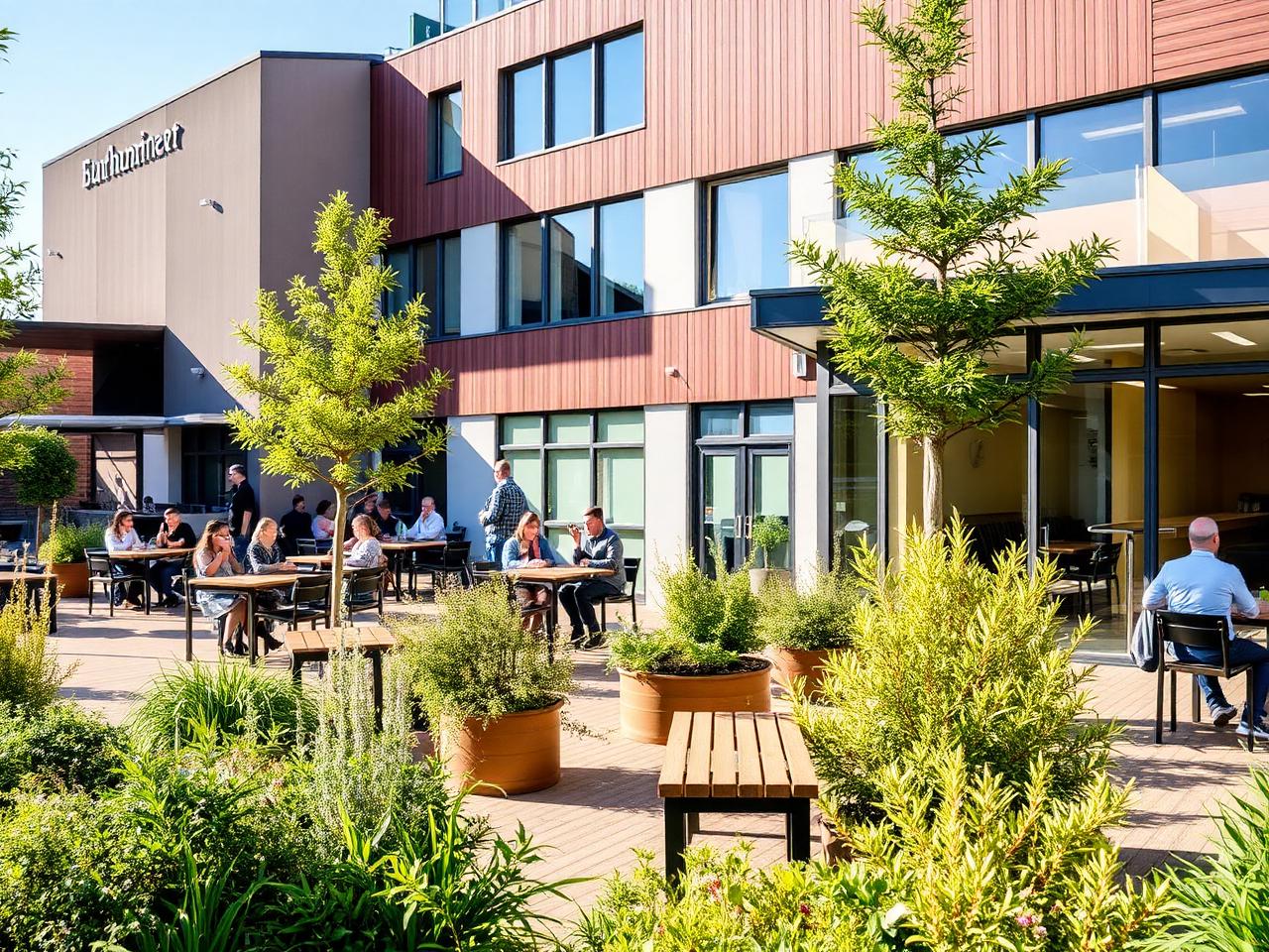 Sonnige Außenanlage und Kantine am Business Campus