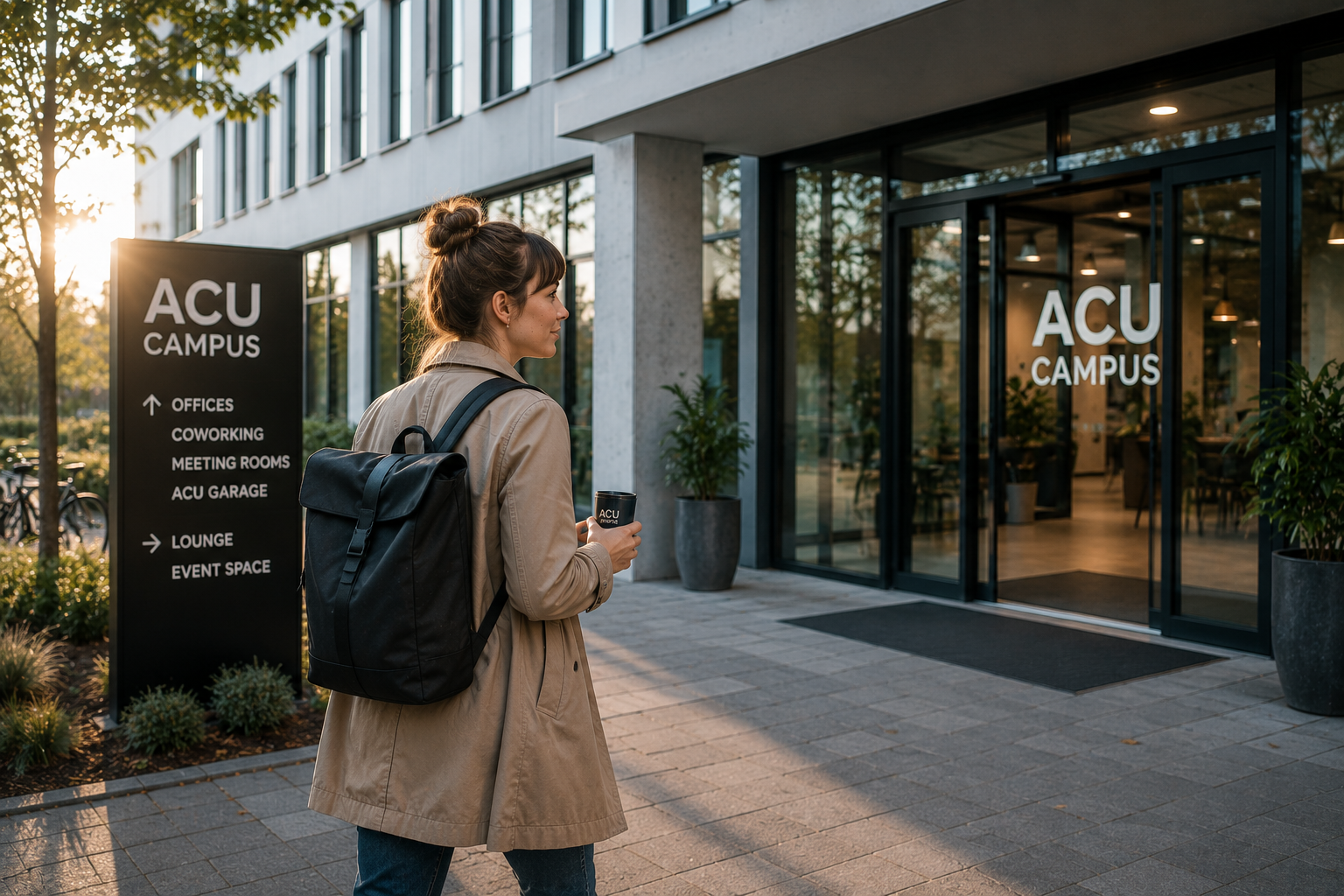 Eingangsbereich mit Wegweiser am ACU Campus Unterschleißheim