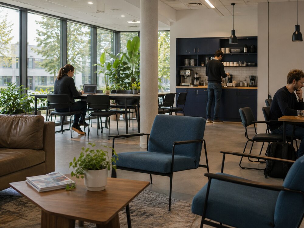 Coworking-Lounge mit Sitzgruppen im ACU Gründerzentrum Unterschleißheim
