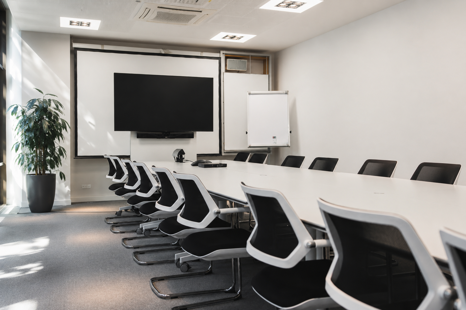 Großer Konferenzraum mit Leinwand und Bestuhlung im ACU Gründerzentrum